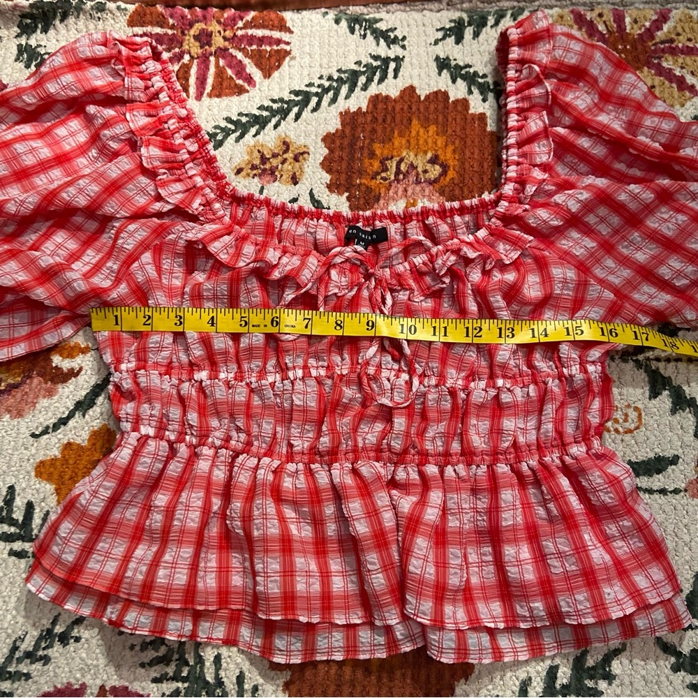 En Saison Red Plaid Ruffled Women's Top - Picture 4 of 5